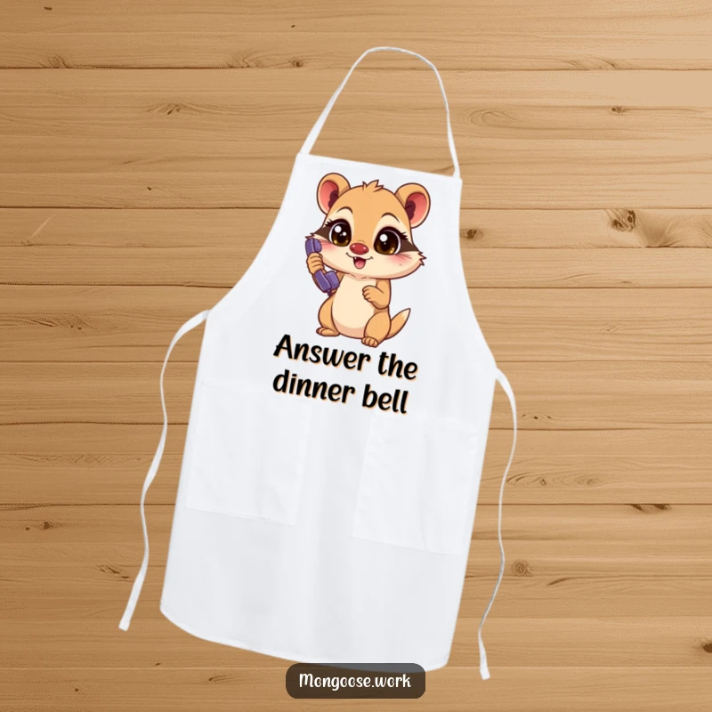 Funny Mongoose Apron: Excited mongoose with focused eyes answers a ringing phone while cooking, a hilarious kitchen accessory for chefs.