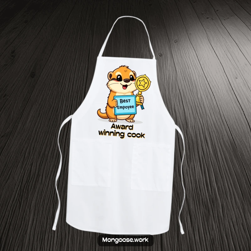 Funny Mongoose Apron, showing a proud mongoose holding a shiny 'Best Employee' award, ideal for kitchen celebrations and humor.