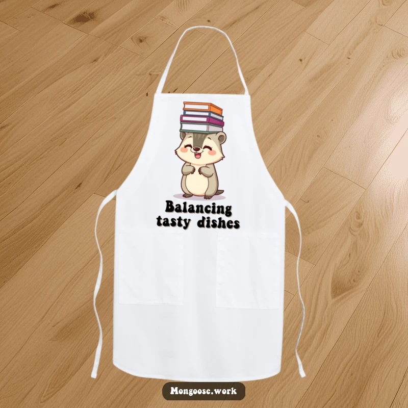 Funny Kawaii mongoose apron, showing a giggling mongoose balancing a stack of files on its head, perfect for humorous kitchen organization.