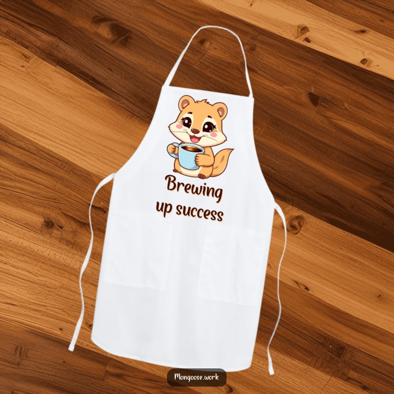 Funny apron with a joyful mongoose character holding a coffee cup with a wide smile, looking determined, ideal for humorous kitchen activities.