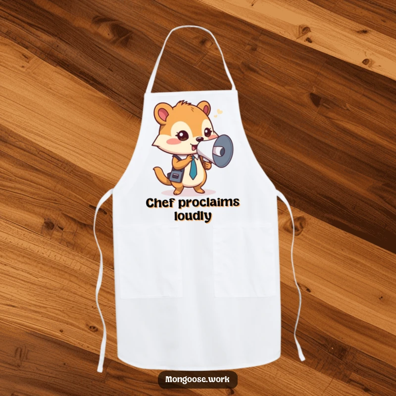 Funny Mongoose Apron, a focused office worker using a rolled-up document as a megaphone, ideal for kitchen command.