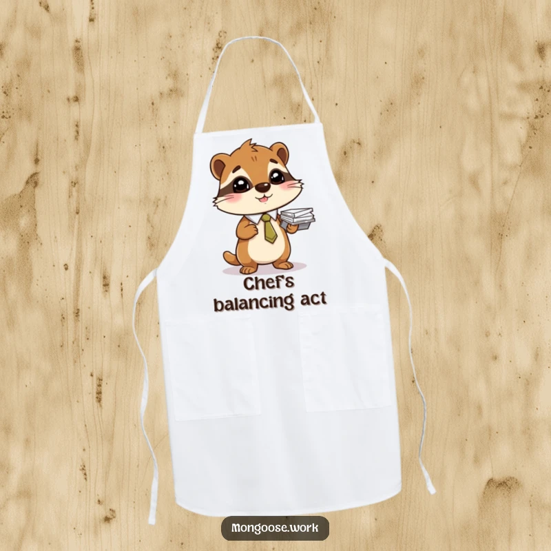 Funny apron showing a mongoose in a tie balancing a stack of papers, ideal for kitchen organization.