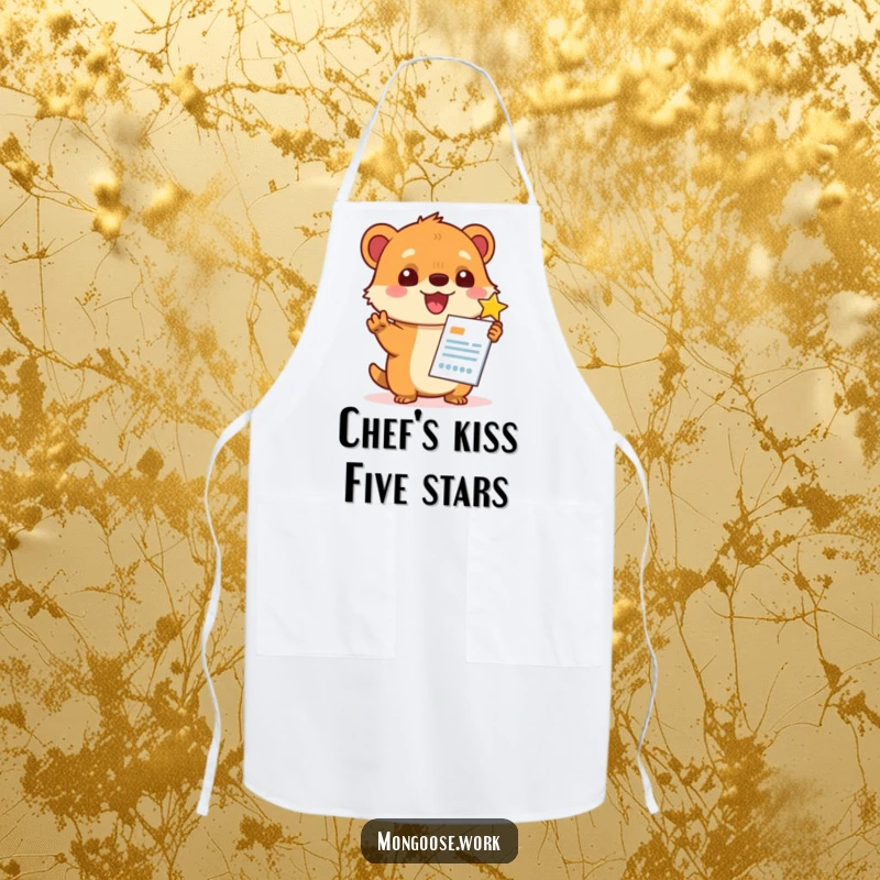 Funny Kawaii mongoose giving a report a five-star rating, featured on a kitchen apron, ideal for chefs who appreciate quality.