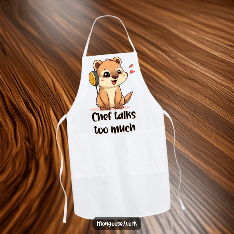 Funny apron with a cute mongoose wearing a large headset, talking animatedly, ideal for a kitchen that loves lively conversation.