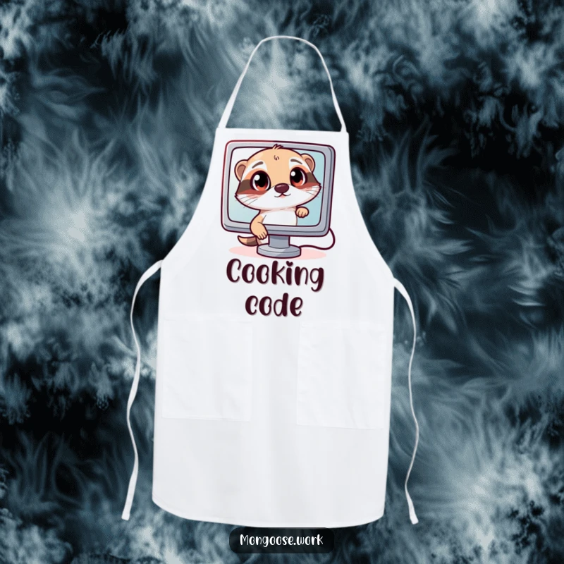 Funny Curious Mongoose Apron: A mongoose with wide eyes looks at a computer screen, a funny and functional gift for tech-savvy cooks.