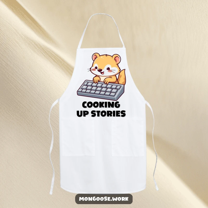 Funny mongoose typing apron, a cute mongoose energetically typing on a large keyboard, perfect for kitchen use and tech lovers.