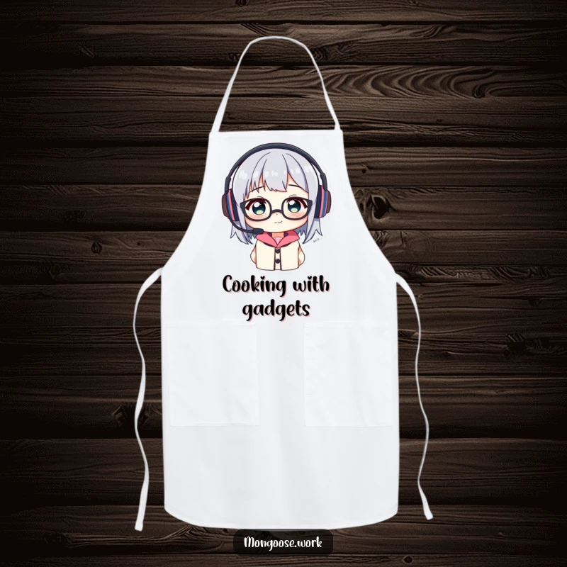 Funny Apron: Character comically attempting to wear a headset and glasses, ready for kitchen duty with humor.