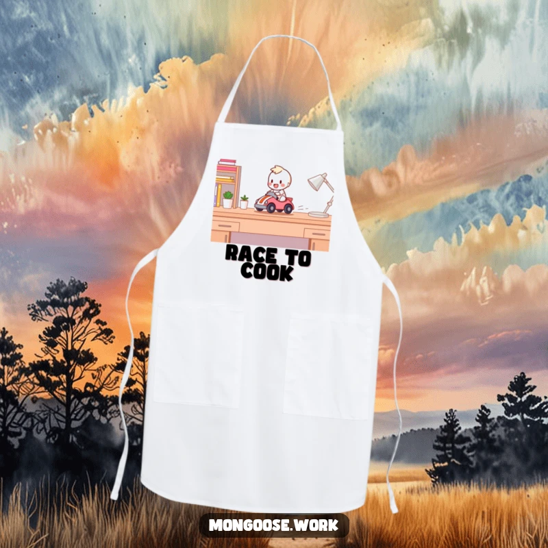 Funny Apron: Happy character racing a toy car across a desk, ready for kitchen duty with speed and humor.