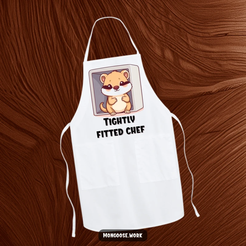 Funny Kawaii mongoose character squeezing into a small cubicle, featured on a kitchen apron, bringing humor to cooking.