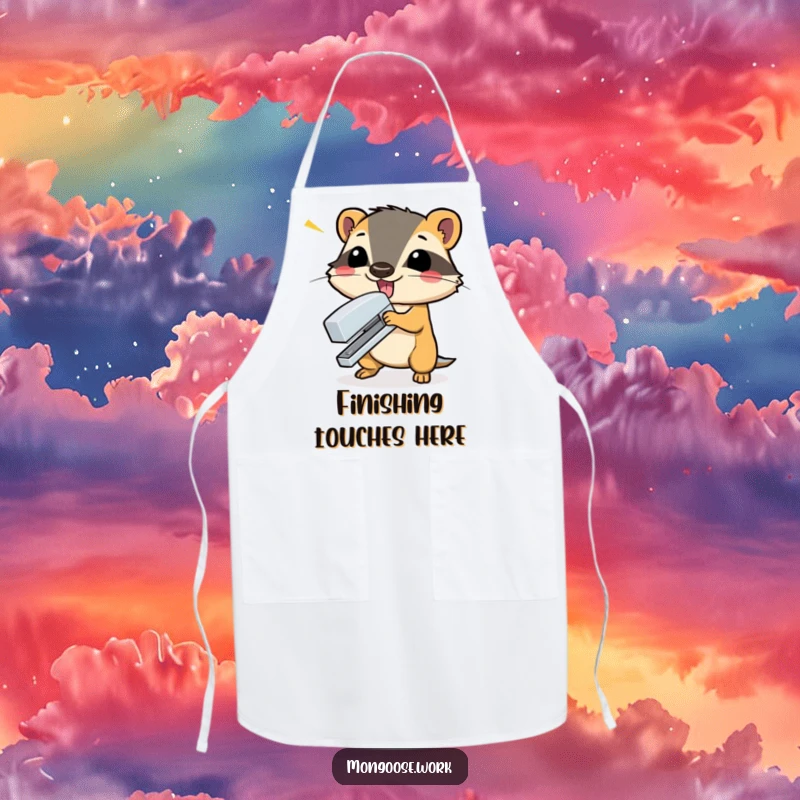 Funny mongoose dramatically slamming a stapler shut with a flourish on a kitchen apron, adding humorous drama to cooking.