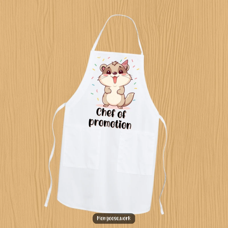 Funny Mongoose Apron: A mongoose celebrating a promotion with confetti, ready for kitchen tasks with festive humor, ideal for funny gifts.