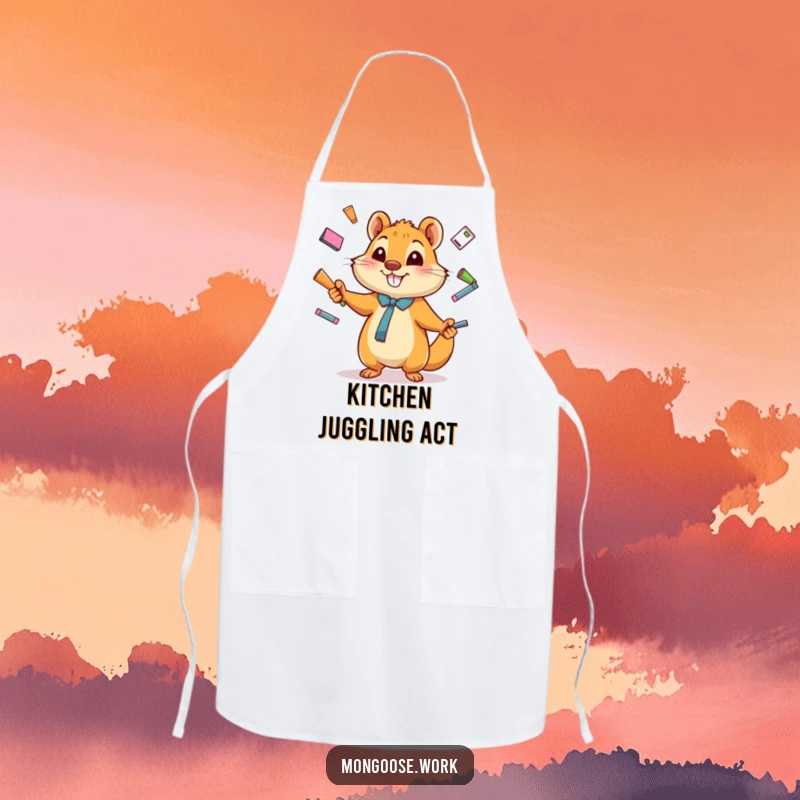 Funny Apron with a happy cartoon mongoose juggling office supplies, perfect for kitchen fun and as a novelty gift.