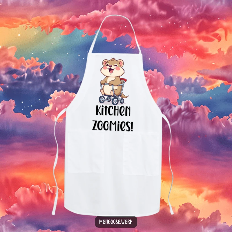 Funny mongoose chair apron, a joyful mongoose being pulled in a rolling chair, perfect for kitchen use and spreading cheer.