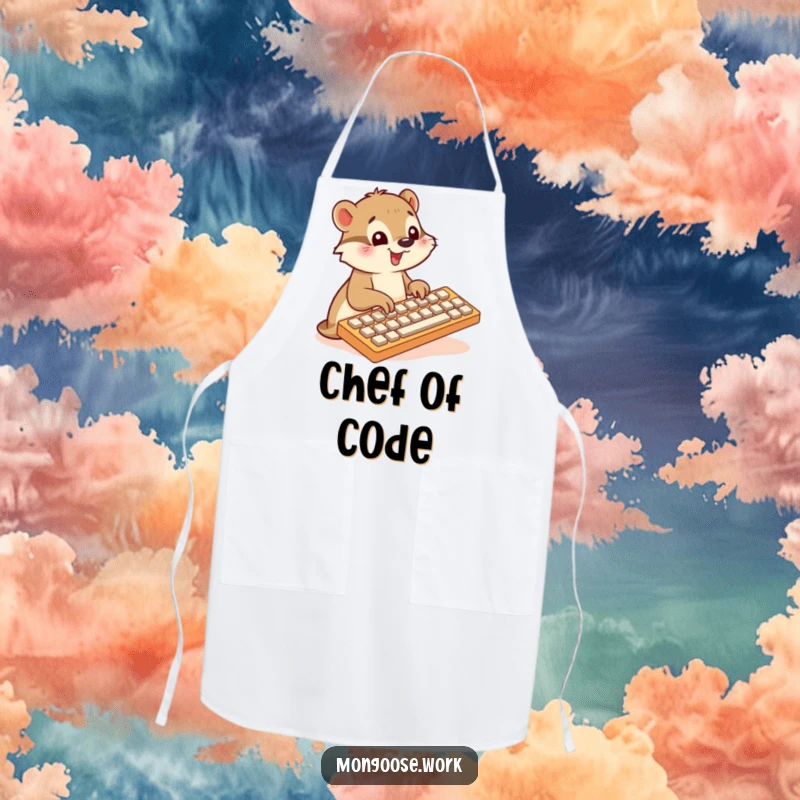 Funny Mongoose apron, typing on keyboard, cute chef accessory, tech humor kitchen wear, ideal funny gift.