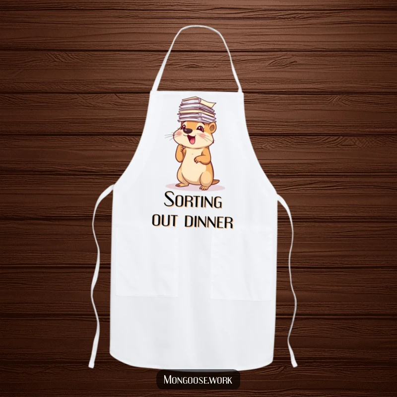 Funny Mongoose Apron: A busy mongoose humorously sorting papers while wearing a chef's hat, ready for kitchen duties.