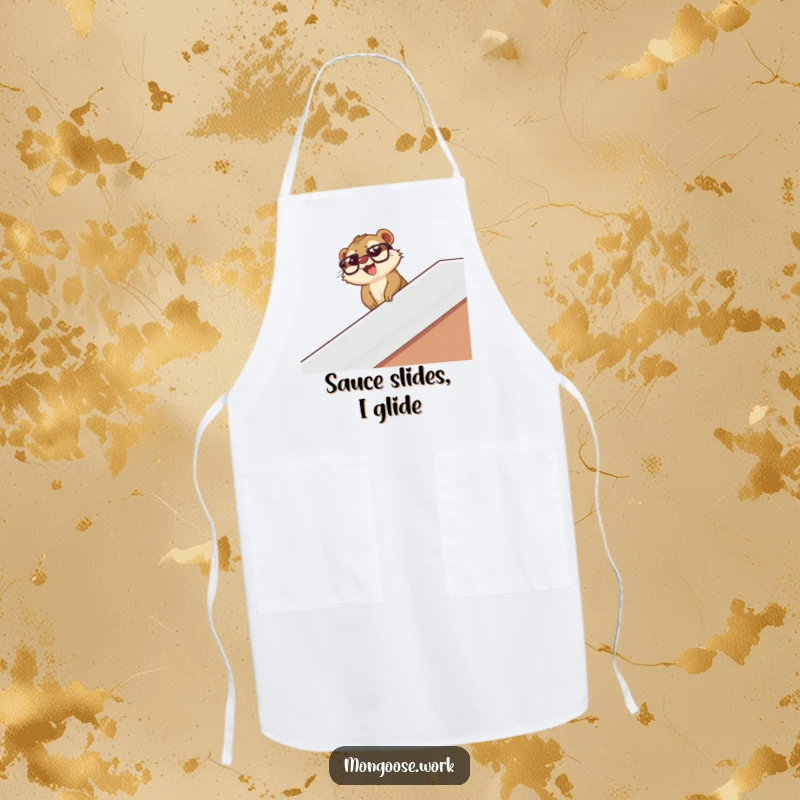 Funny mongoose wearing glasses slides down a desk banister with glee, featured on a humorous apron for kitchen fun.