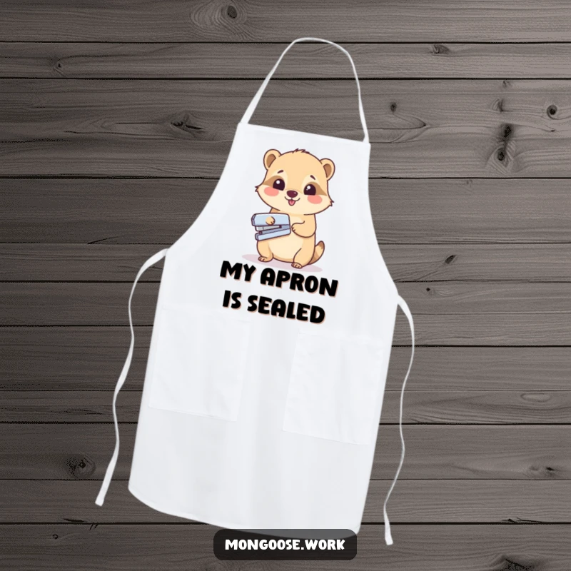 Funny apron with a cute mongoose character stapling a paper, perfect for a kitchen that values efficiency and humor.