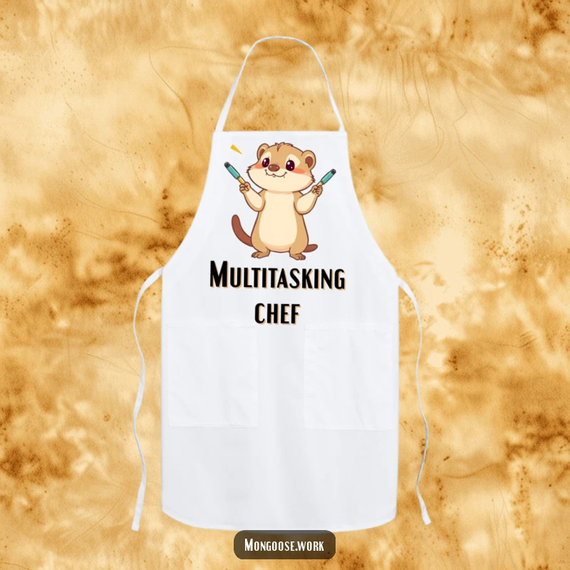 Funny Mongoose Apron, depicting a focused mongoose skillfully juggling writing utensils, perfect for kitchen humor and cooking.