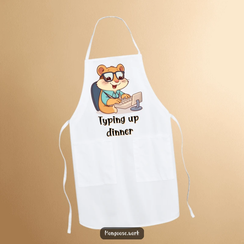 Funny apron displaying a giddy mongoose office worker typing on a tiny keyboard with focused glee, ready to tackle any culinary task with zeal.