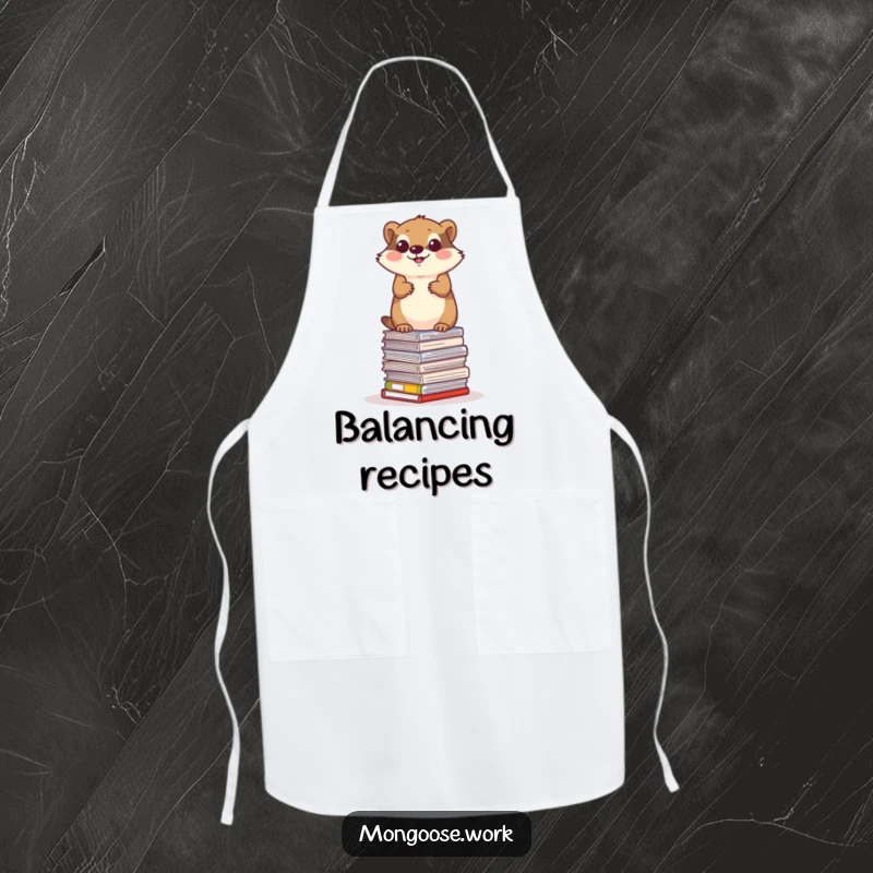 Funny mongoose apron, a determined mongoose balancing on a stack of office papers, kitchen acrobatics humor.