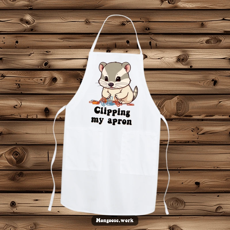 Funny mongoose apron, a focused mongoose organizing paperclips with its nose, kitchen precision humor.