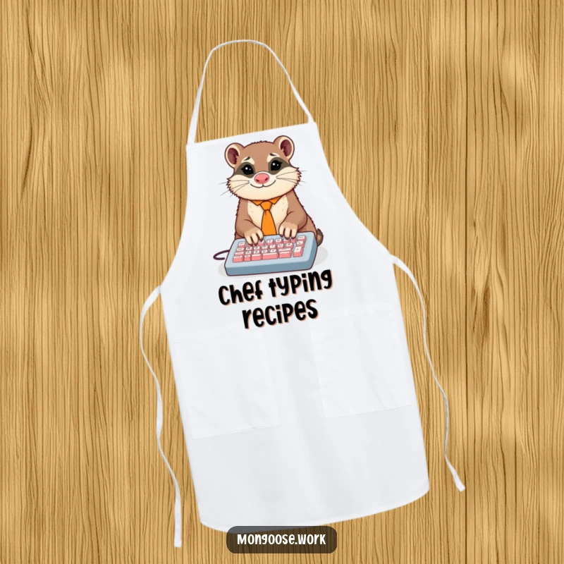 Funny apron with a dapper mongoose in a tie comically typing on a tiny keyboard with many paws, ideal for kitchen multitasking.