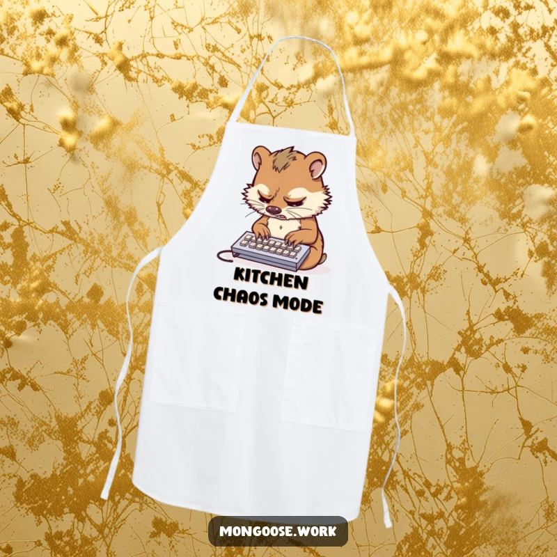 Funny apron showing a stressed mongoose typing furiously on a small keyboard, ideal for kitchen work.