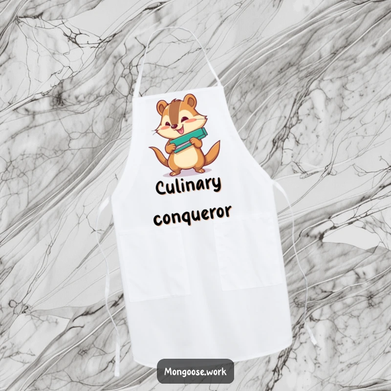 Funny Office Apron: A mongoose character using a stapler with great force, ready for kitchen duty.