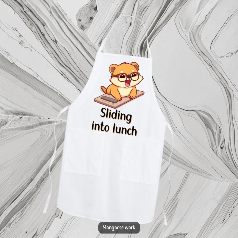 Funny apron with a cute mongoose wearing glasses sliding down a desk with excitement, ideal for adding fun to kitchen activities.