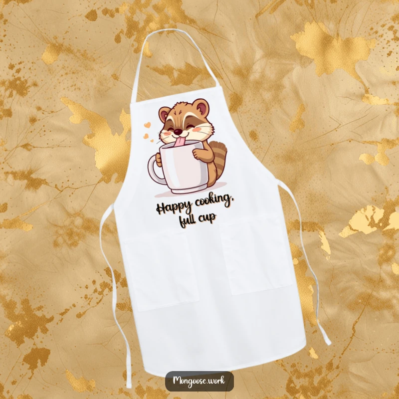 Funny Kawaii mongoose drinking from a giant coffee mug, featured on a kitchen apron, bringing humorous cheer to cooking.