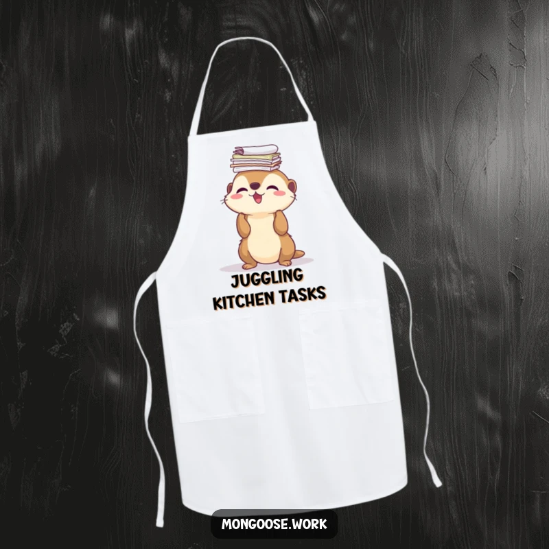 Funny Apron: a cute mongoose expertly balancing a stack of papers on its nose, perfect for kitchen humor.