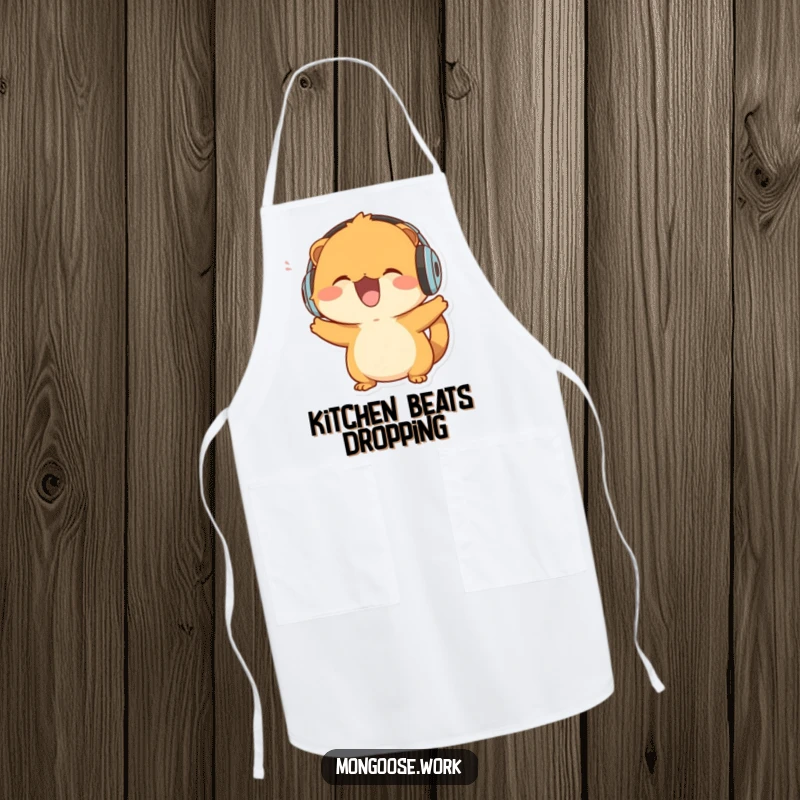 Funny Mongoose Apron: A mongoose wearing headphones and bobbing its head, ready for musical culinary adventures.