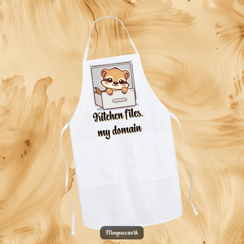 Funny Apron with a playful cartoon mongoose peeking out of a filing cabinet drawer, perfect for kitchen fun and as a novelty gift.