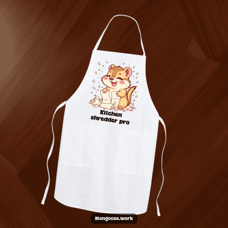 Funny Mongoose Shredding Apron: A whimsical apron showing a mongoose having a blast tearing up papers, perfect for the playful chef.