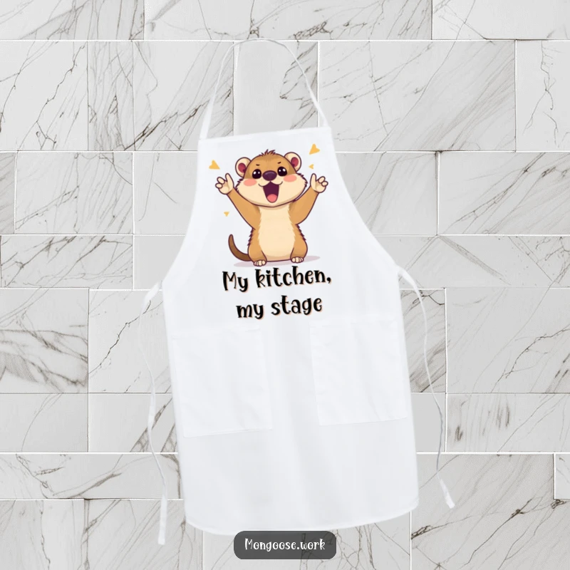 Funny Mongoose Apron: Adorable cartoon mongoose enthusiastically cheering during a video call, perfect for a funny cooking gift.