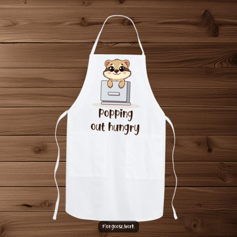 Funny apron with a cute mongoose popping out of a filing cabinet with wide eyes, ideal for adding surprise to kitchen activities.