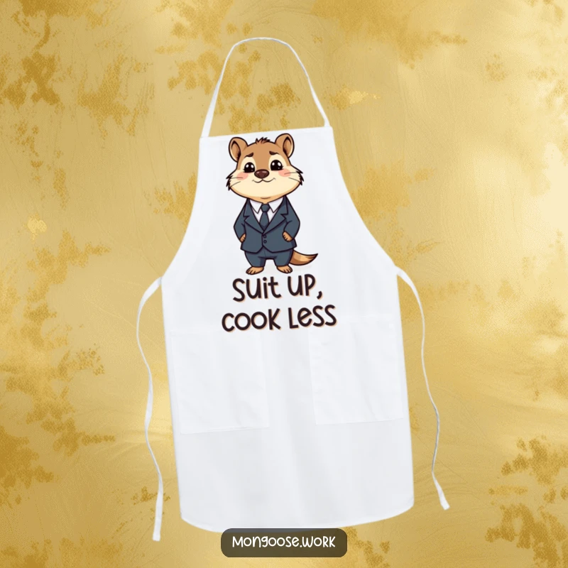 Funny Business Mongoose Apron: A bewildered mongoose in a suit, ready to help in the kitchen with a funny, confused expression, a great gift.