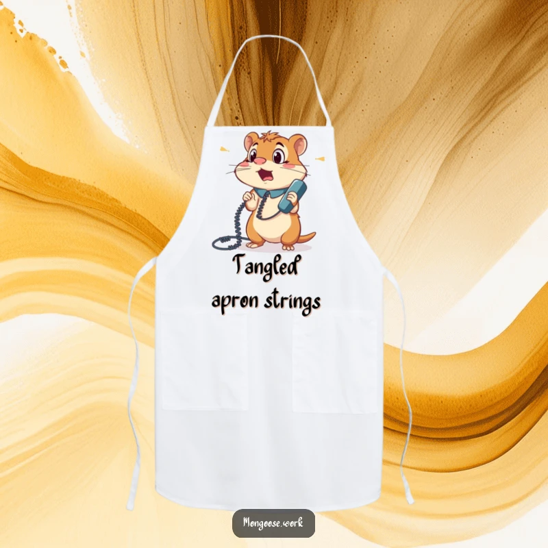 Funny apron showing a surprised mongoose office worker tangled in a phone cord, looking bewildered but ready to tackle any recipe.