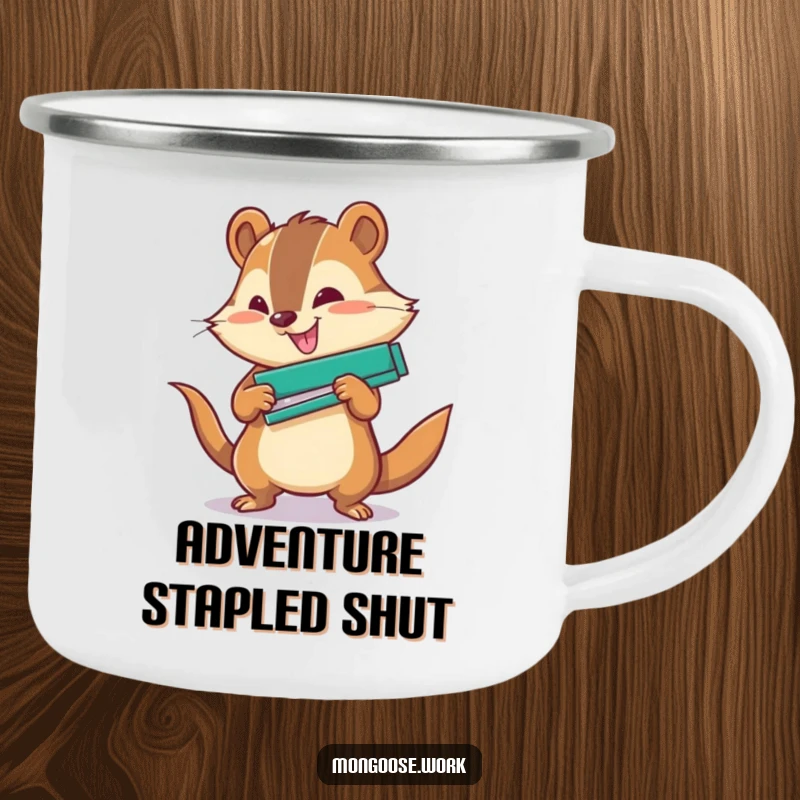 Funny Office Camping Mug: A mongoose character using a stapler with great force, for outdoor productivity.