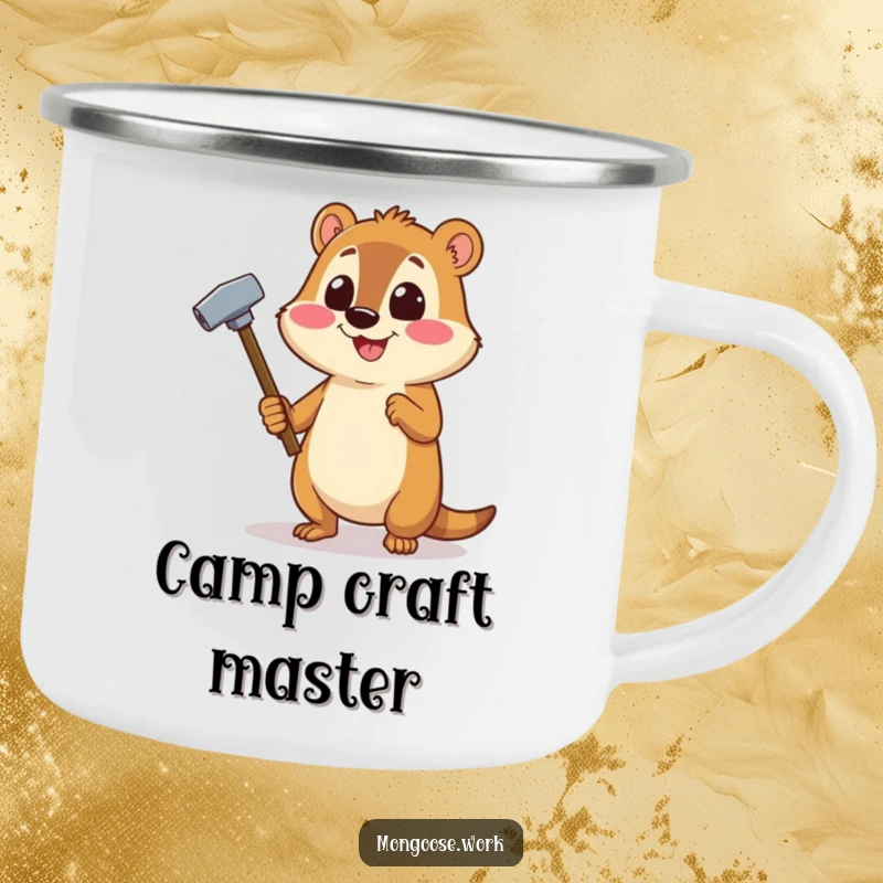 Funny Mongoose DIY camping mug featuring a cheerful mongoose using a stapler as a hammer, perfect for outdoor projects.
