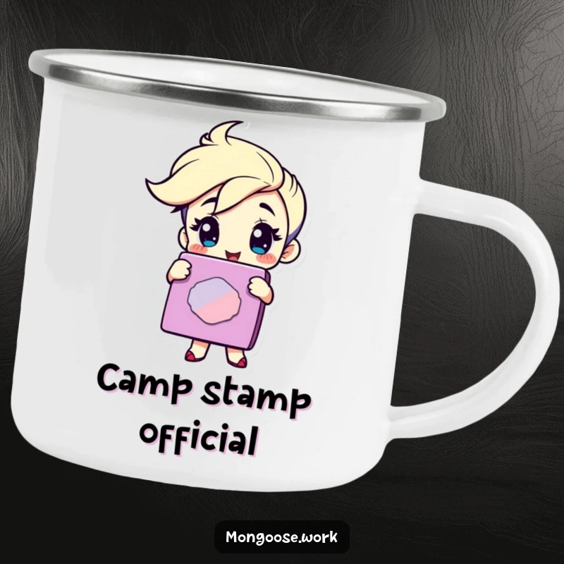 Funny Camping Mug: Character winking, holding a giant rubber stamp, perfect for outdoor enthusiasts needing approval.
