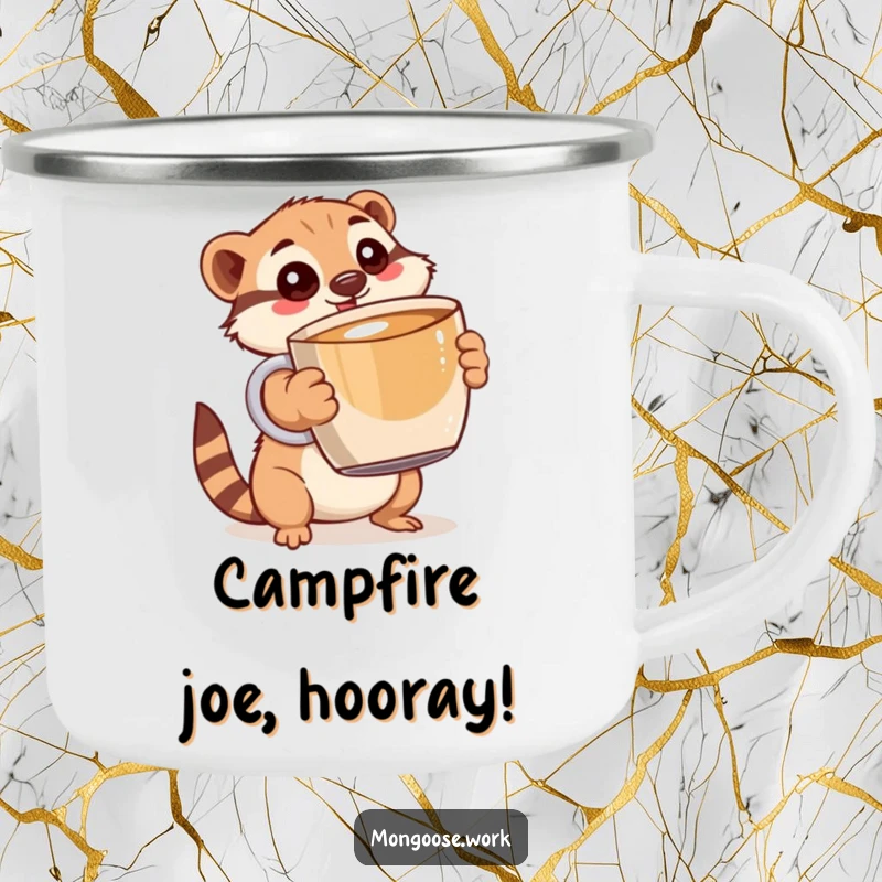Funny Mongoose Camping Mug: A wide-eyed mongoose holding a large coffee cup, ready for outdoor adventures.
