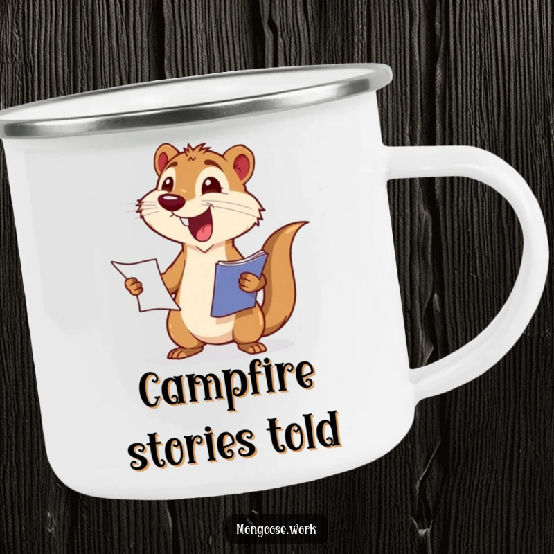 Funny camping mug featuring an excited mongoose wagging its tail while presenting a report, for achievers.