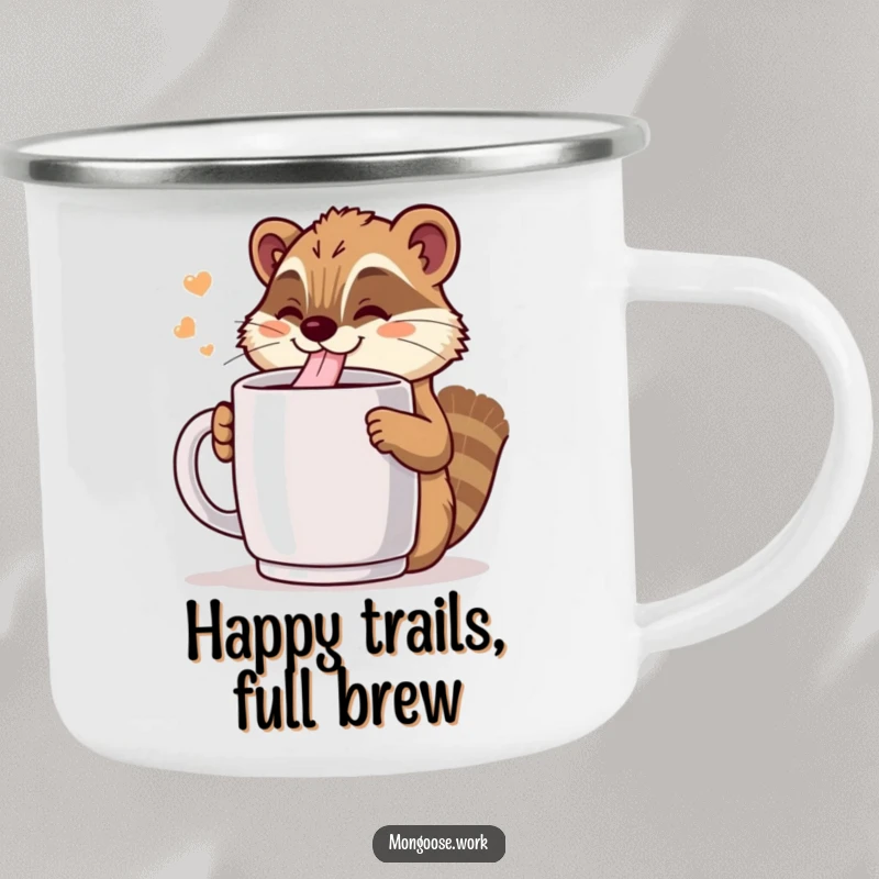 Funny Kawaii mongoose happily drinking from a giant coffee mug, designed for a durable camping mug, ideal for outdoor enjoyment.