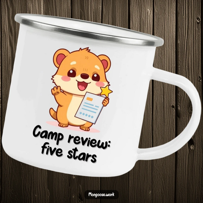 Funny Kawaii mongoose awarding stars to a report, designed for a durable camping mug, ideal for celebrating outdoor achievements.