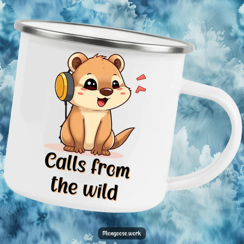Funny camping mug with a cute mongoose wearing a large headset, talking animatedly, built for chatty outdoor enthusiasts.