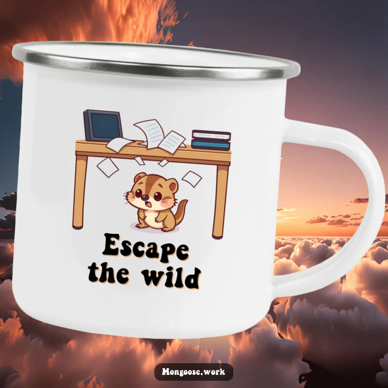 Funny startled mongoose camping mug, character ducking under a desk, papers flying, outdoor humor.