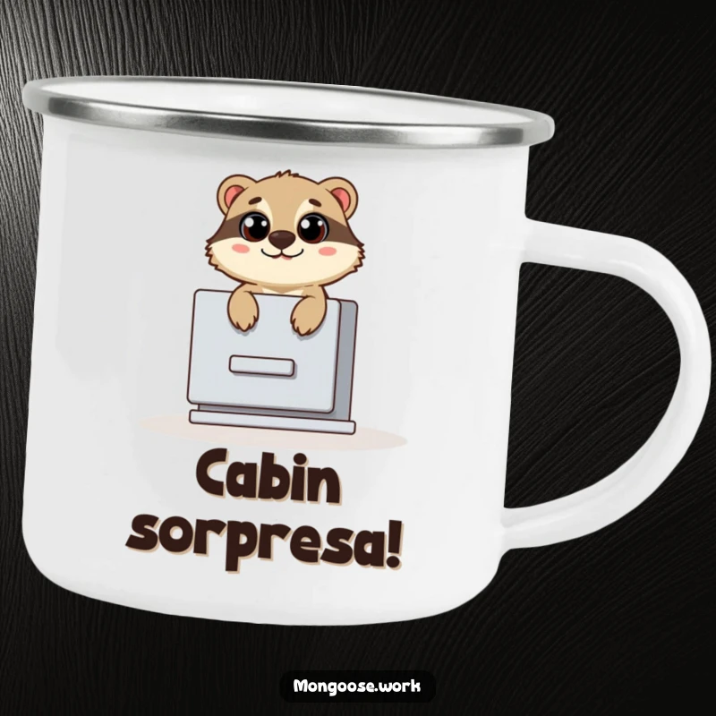 Funny camping mug featuring a cute mongoose popping out of a filing cabinet with wide eyes, perfect for outdoor surprises.