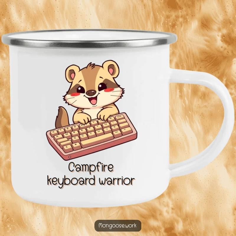 Funny Kawaii mongoose camping mug, showing an excited mongoose typing on an oversized keyboard, perfect for humorous outdoor productivity.