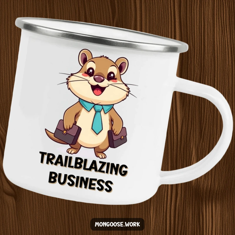 Funny mongoose holding a briefcase and wearing a tiny tie on a rugged camping mug.